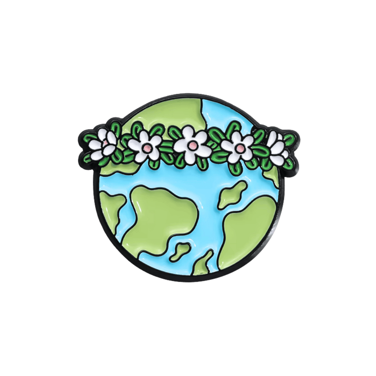A circular enamel pin depicting the Earth with green landmasses, blue oceans, and a white flower crown, shown on a solid white background