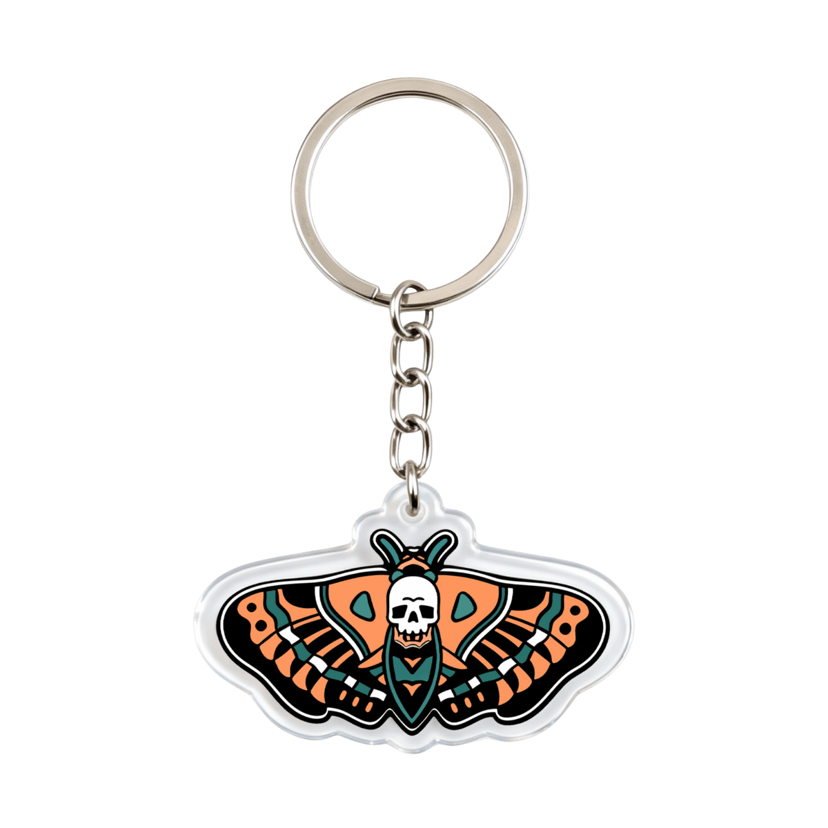 An acrylic keychain featuring a stylized moth with orange, black, and teal patterns, a white skull at the center, and a silver metal key ring and chain