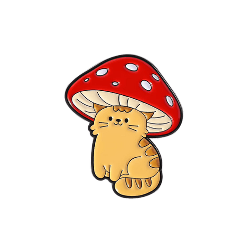 An orange tabby cat pin wearing a large red mushroom cap on a white background