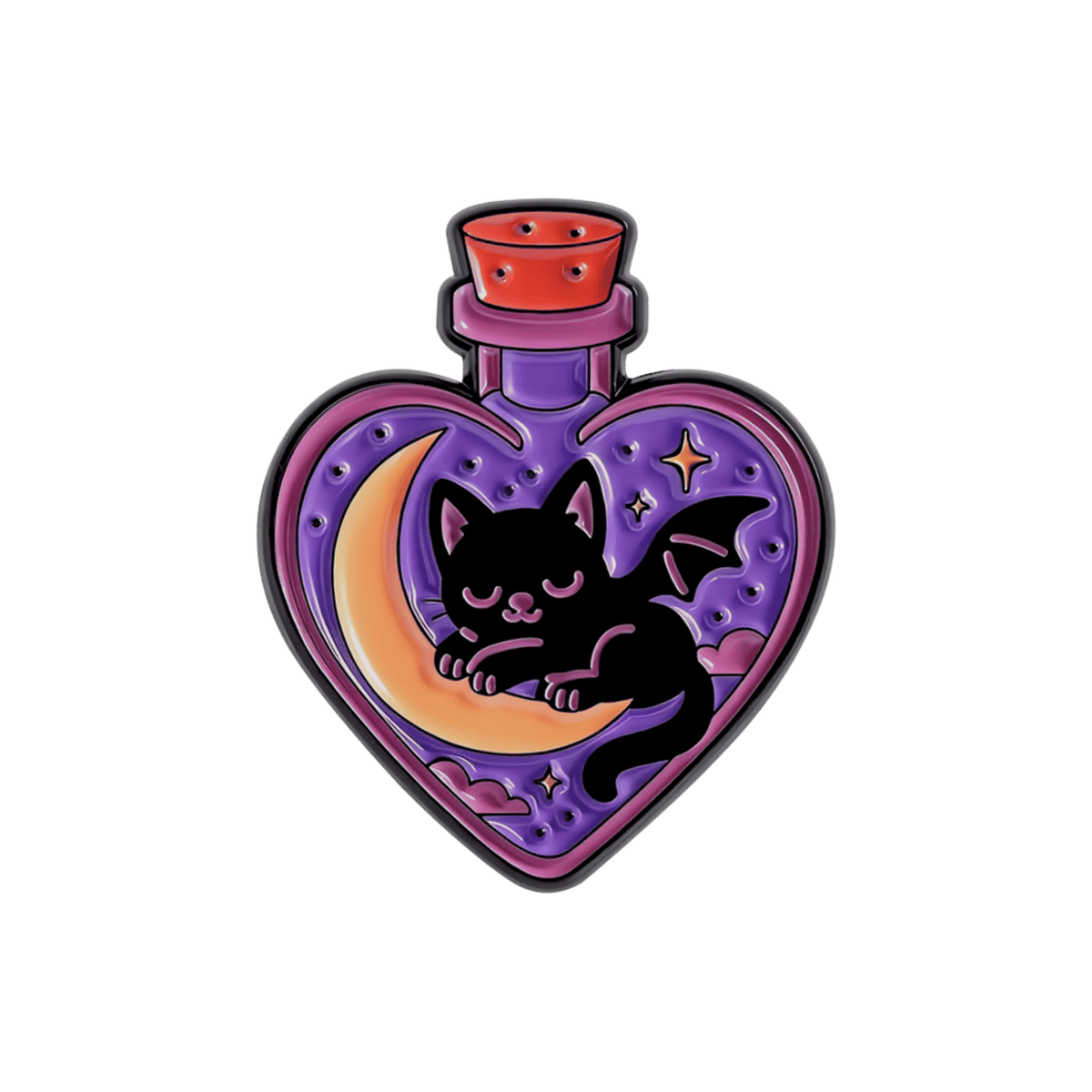 A heart-shaped potion bottle illustration with a black cat sleeping on a crescent moon inside, set against a white background