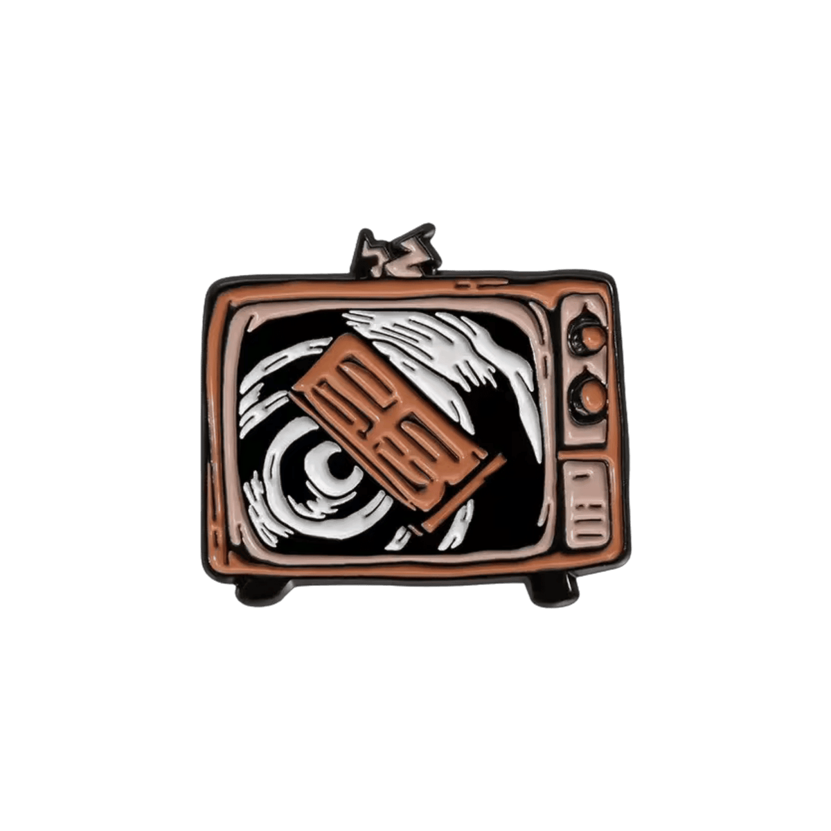 A retro TV-shaped enamel pin featuring a swirling horror design on a white background