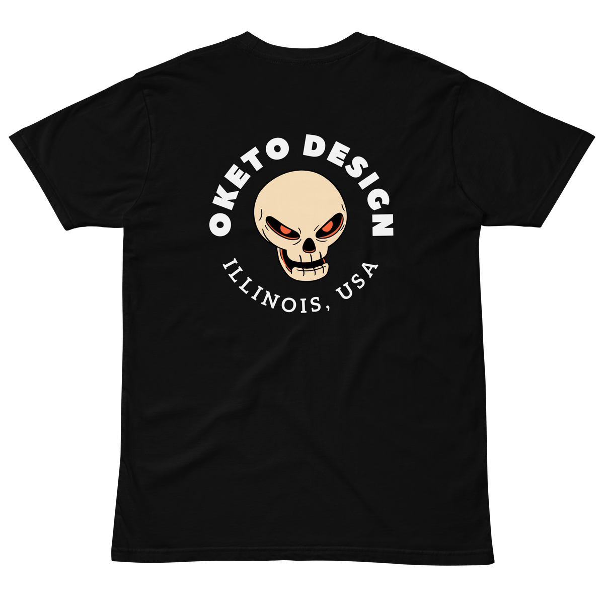 A black short-sleeve t-shirt with a graphic on the back featuring a beige skull with orange eyes, surrounded by the text 'OKETO DESIGN' and 'ILLINOIS, USA' in white