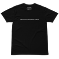 A black short-sleeve crewneck t-shirt with the phrase 'CREATIVITY WITHOUT LIMITS' printed in white across the chest, displayed against a solid white background