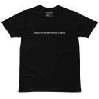A black short-sleeve crewneck t-shirt with the phrase 'CREATIVITY WITHOUT LIMITS' printed in white across the chest, displayed against a solid white background