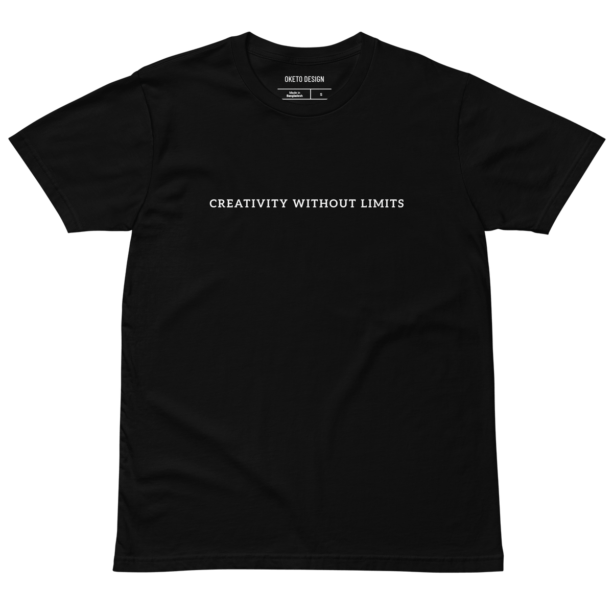 A black short-sleeve crewneck t-shirt with the phrase 'CREATIVITY WITHOUT LIMITS' printed in white across the chest, displayed against a solid white background