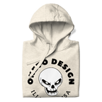 A beige hoodie folded with a graphic on the front featuring a white skull with black eyes, surrounded by the text 'OKETO DESIGN' and 'ILLINOIS, USA' in black