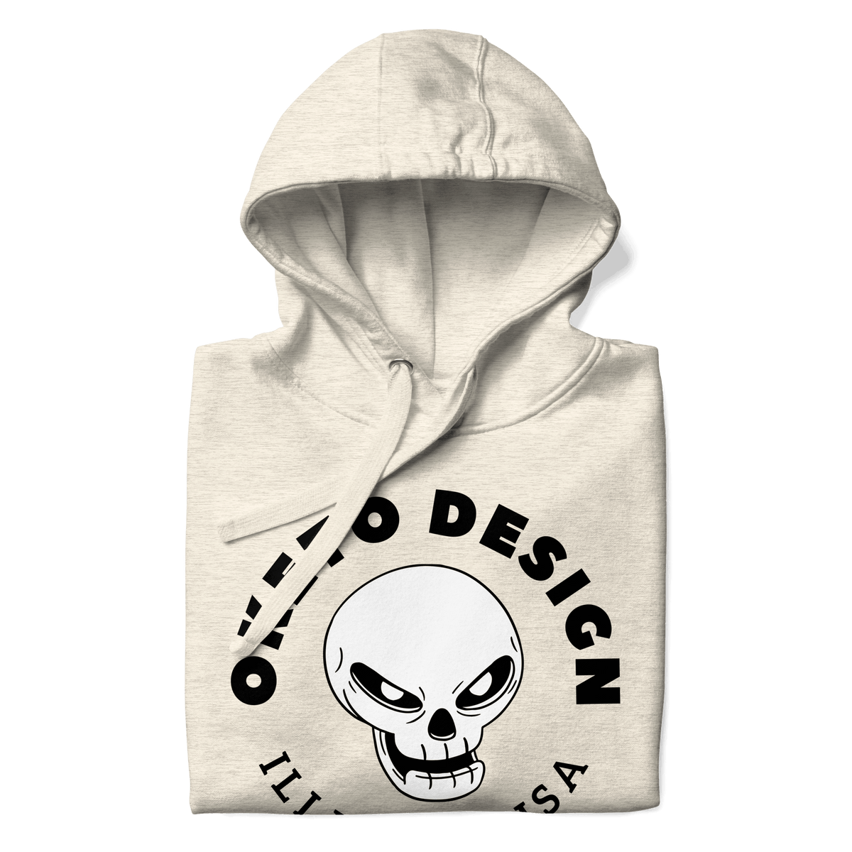A beige hoodie folded with a graphic on the front featuring a white skull with black eyes, surrounded by the text 'OKETO DESIGN' and 'ILLINOIS, USA' in black