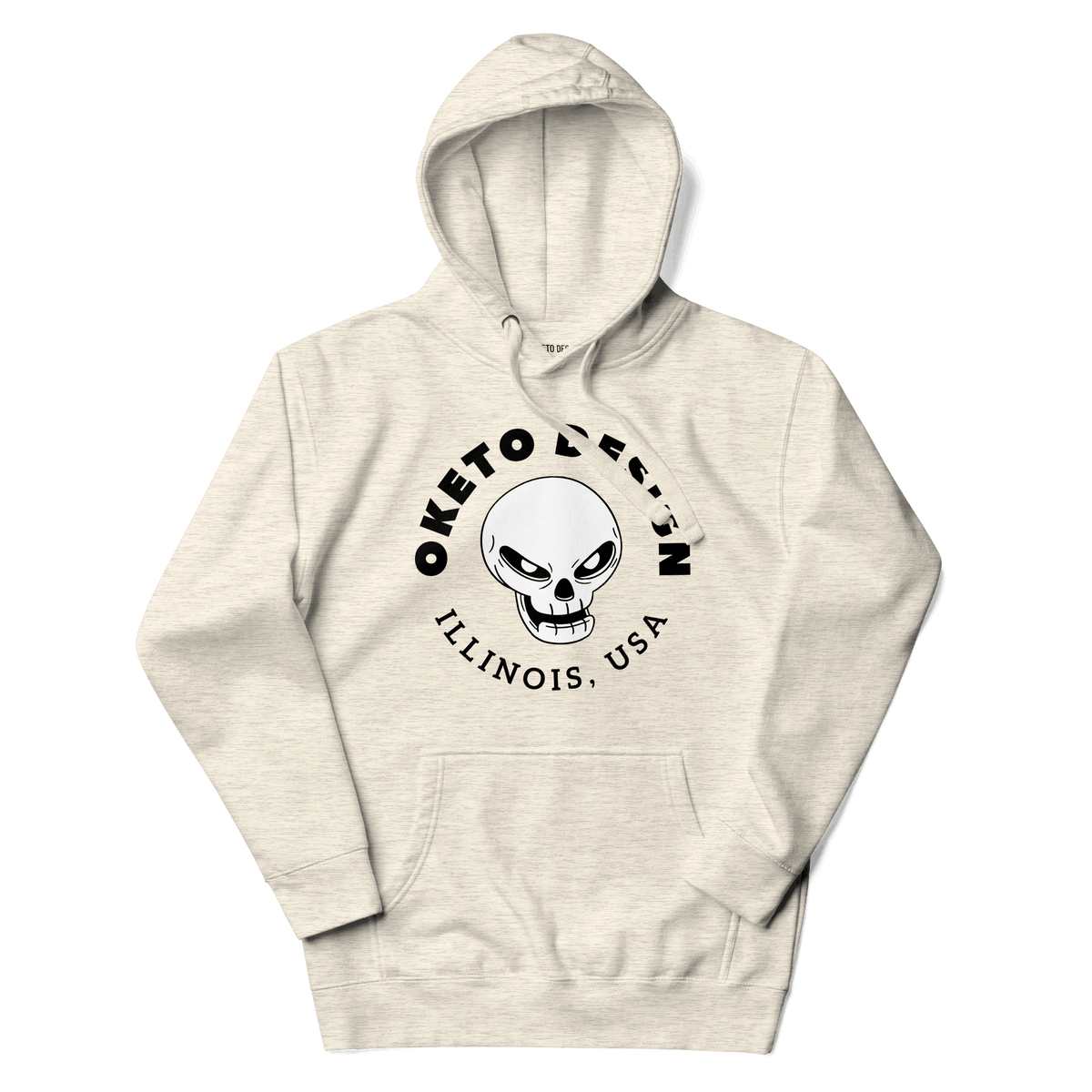 A beige hoodie with a graphic on the front featuring a white skull with black eyes, surrounded by the text 'OKETO DESIGN' and 'ILLINOIS, USA' in black