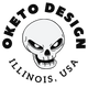 Logo with a skull design and text 'OKETO DESIGN ILLINOIS, USA' on a white background