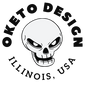 Logo with a skull design and text 'OKETO DESIGN ILLINOIS, USA' on a white background