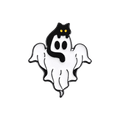 A pin featuring a ghost with a black cat on its head on a plain white background