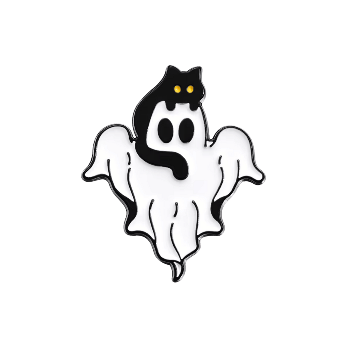 A pin featuring a ghost with a black cat on its head on a plain white background