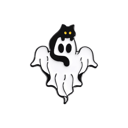 A pin featuring a ghost with a black cat on its head on a plain white background