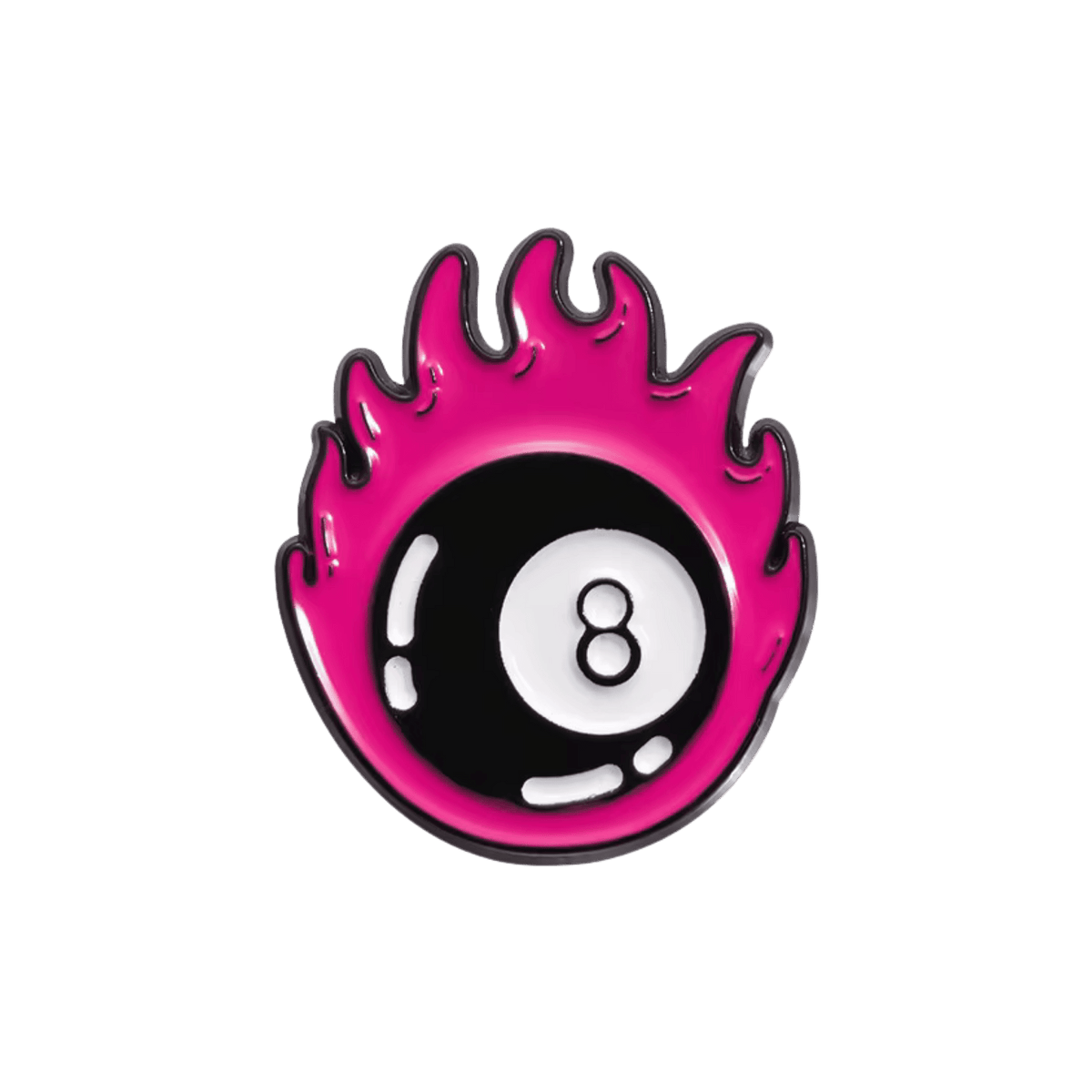 A pin of an 8-ball with pink flames surrounding it on a white background