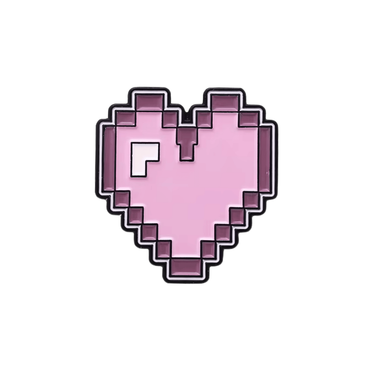 A pink heart pin with a magenta border on a white background