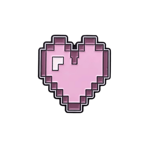 A pink heart pin with a magenta border on a white background