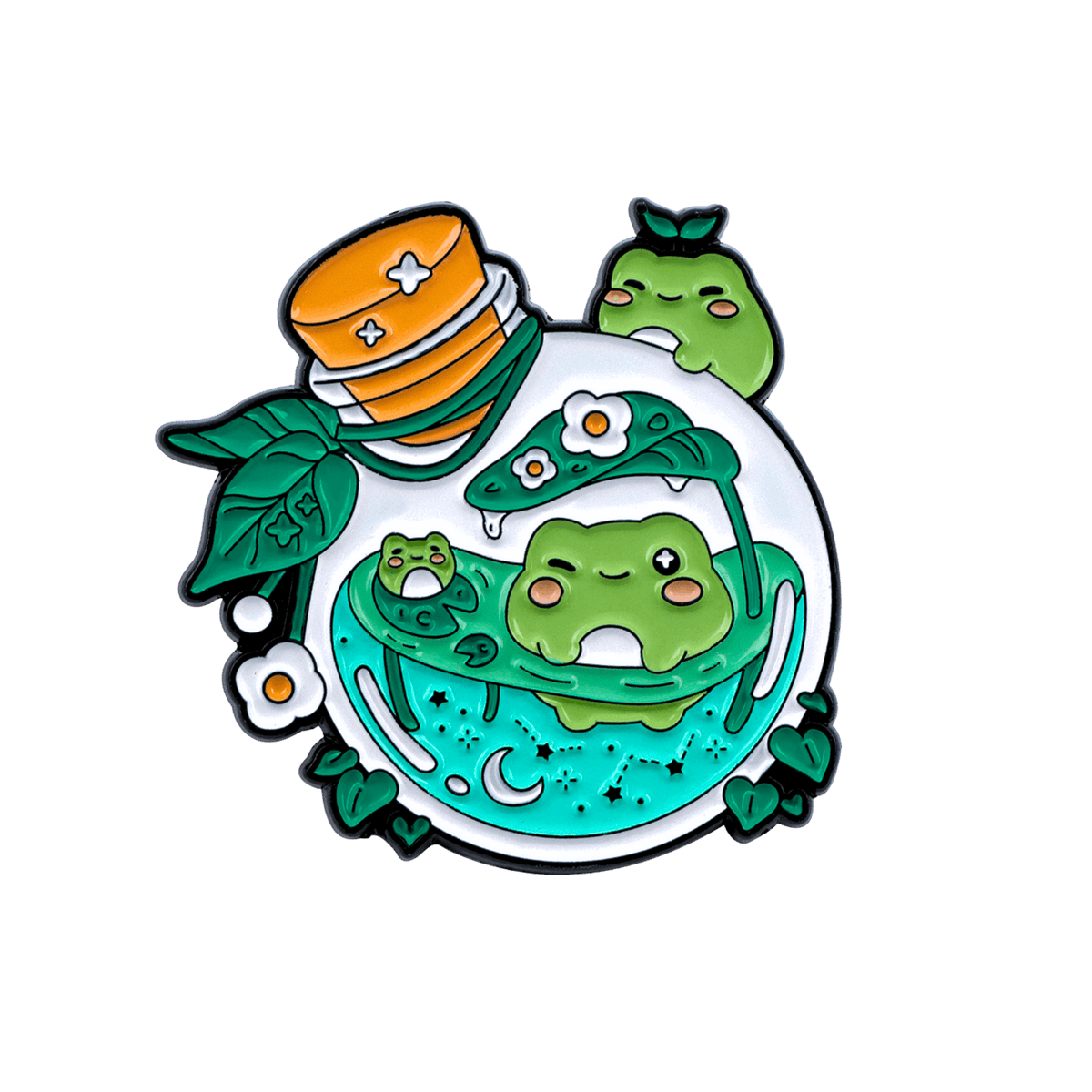 A nature-themed enamel pin with frogs swimming inside a potion bottle on a white background
