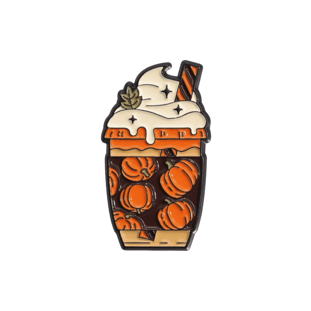 A pumpkin spice latte pin featuring orange pumpkins inside a brown cup, topped with white whipped cream, shown on a solid white background