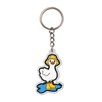 A cartoon duck keychain charm with a white body, yellow bucket hat, yellow rain boots, and a blue puddle, attached to a silver metal key ring and chain on a plain white background