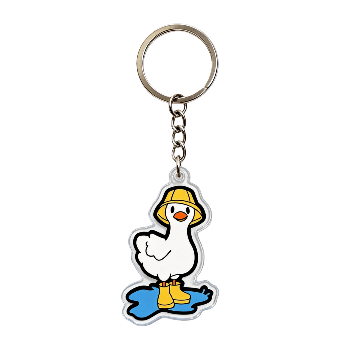 A cartoon duck keychain charm with a white body, yellow bucket hat, yellow rain boots, and a blue puddle, attached to a silver metal key ring and chain on a plain white background