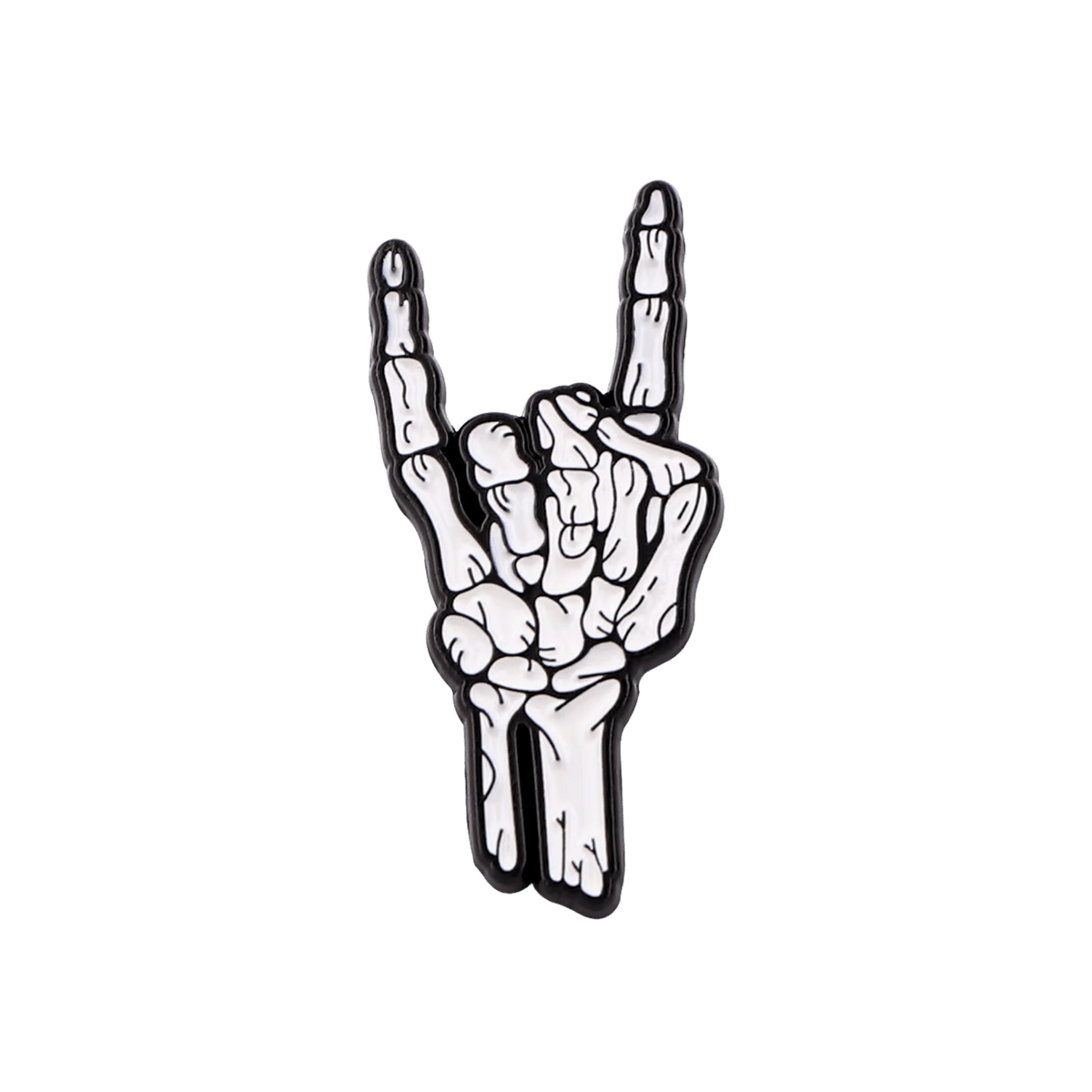 A white and black enamel pin shaped like a skeletal hand making the rock on gesture, centered on a solid white background