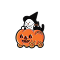 A cute pin of a ghost with a witch hat and a black cat riding in a pumpkin car on a white background