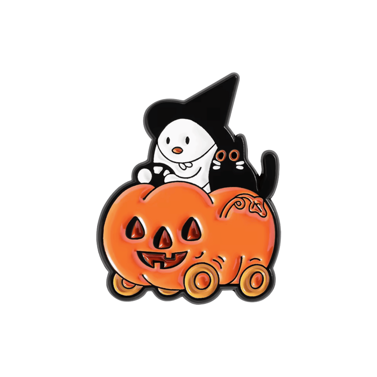 A cute pin of a ghost with a witch hat and a black cat riding in a pumpkin car on a white background