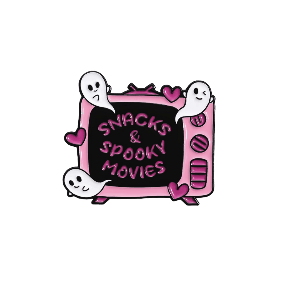 A cartoon enamel pin design of a retro pink television with ghosts and hearts around it on a dark center panel, shown on a white background
