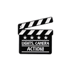 A black clapperboard pin with the words 'LIGHTS, CAMERA ACTION!' on a white background