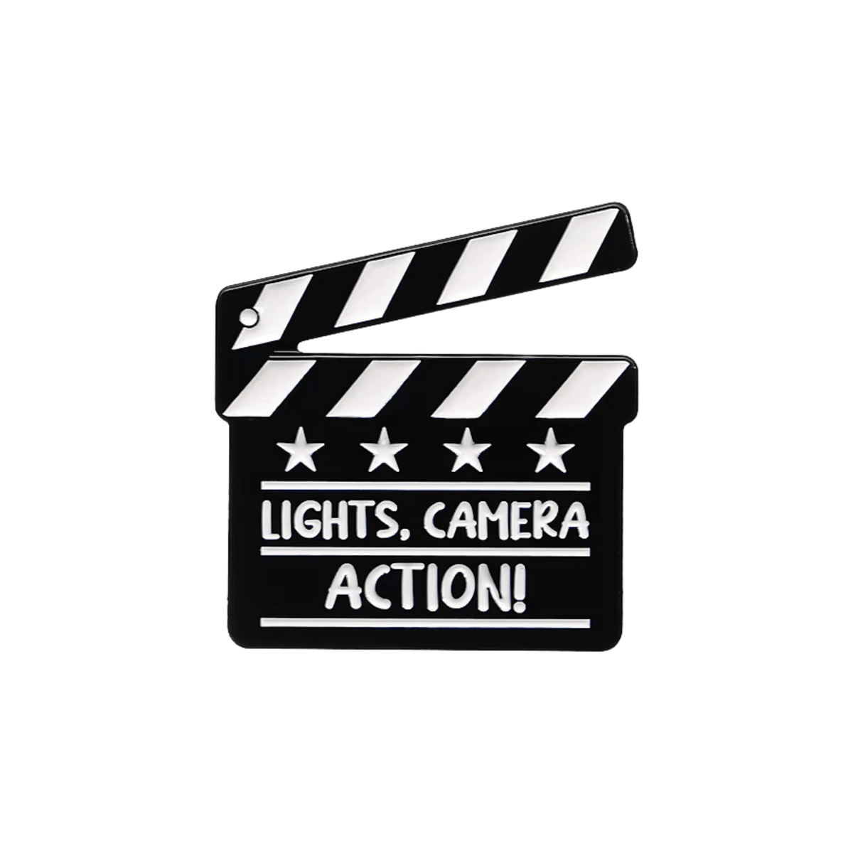 A black clapperboard pin with the words 'LIGHTS, CAMERA ACTION!' on a white background