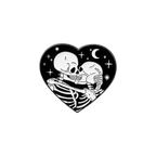 A heart-shaped enamel pin featuring white skeletons embracing and kissing, centered on a solid white backdrop