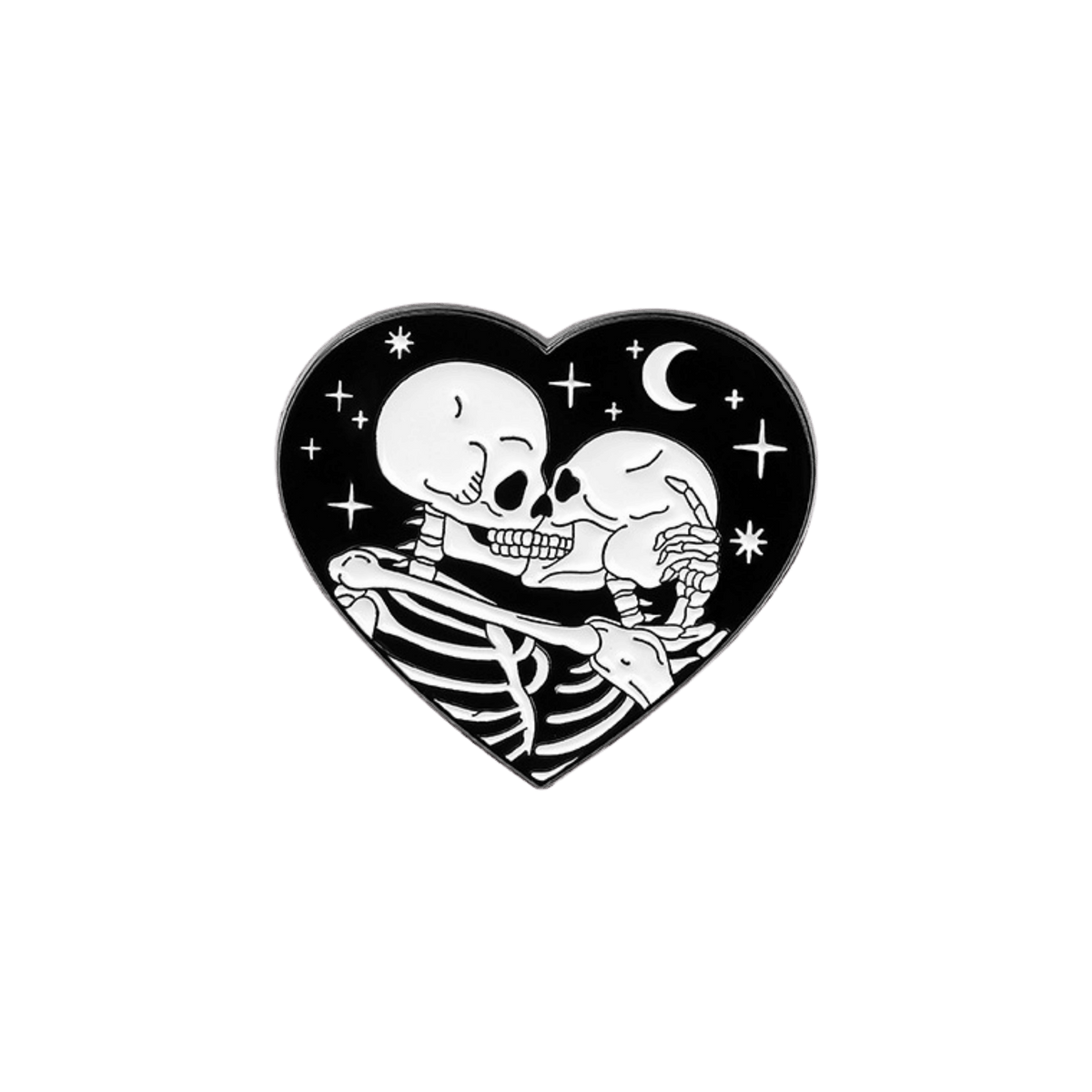 A heart-shaped enamel pin featuring white skeletons embracing and kissing, centered on a solid white backdrop