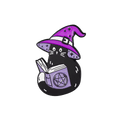 A cute cartoon-style black cat wearing a purple witch hat and reading a purple book with a pentagram symbol, centered on a white background