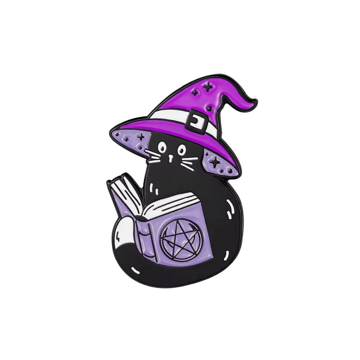 A cute cartoon-style black cat wearing a purple witch hat and reading a purple book with a pentagram symbol, centered on a white background
