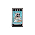 A tarot enamel pin featuring a skull resting on a stack of books against a light blue background and the text 'THE READER' at the bottom