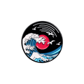 A circular enamel pin featuring a stylized wave design on a music vinyl, centered on a solid white backdrop