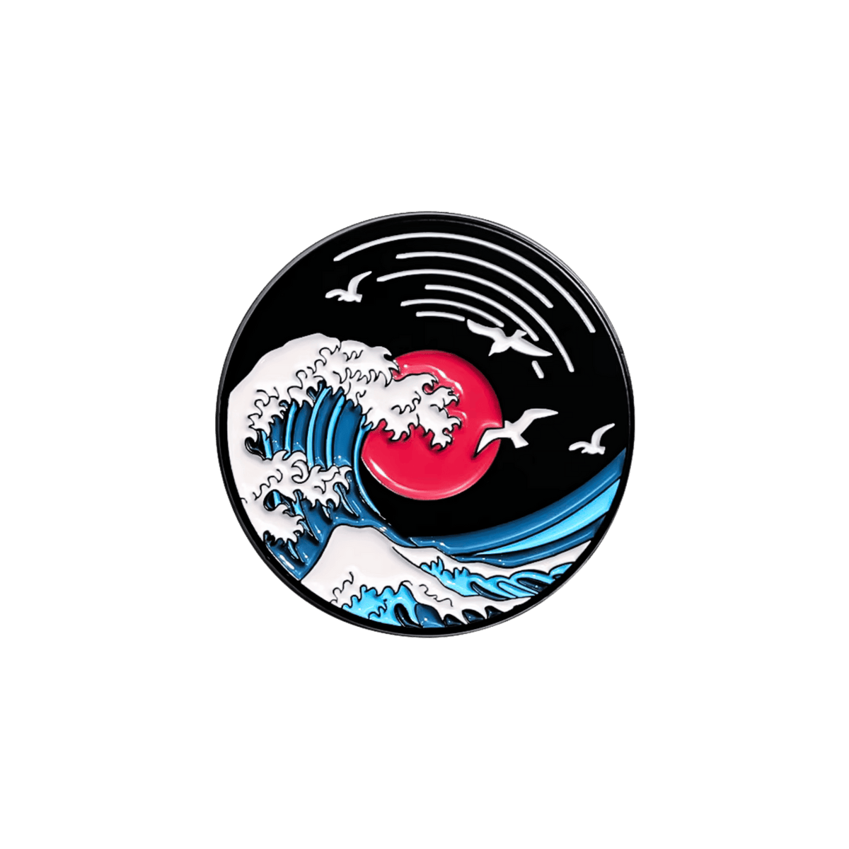 A circular enamel pin featuring a stylized wave design on a music vinyl, centered on a solid white backdrop