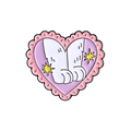 A heart shaped pin with a pink border featuring paws of a white cat and yellow stars on a white background