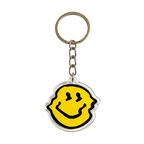Yellow smiley face charm keychain on a split ring clip with chain on a white background
