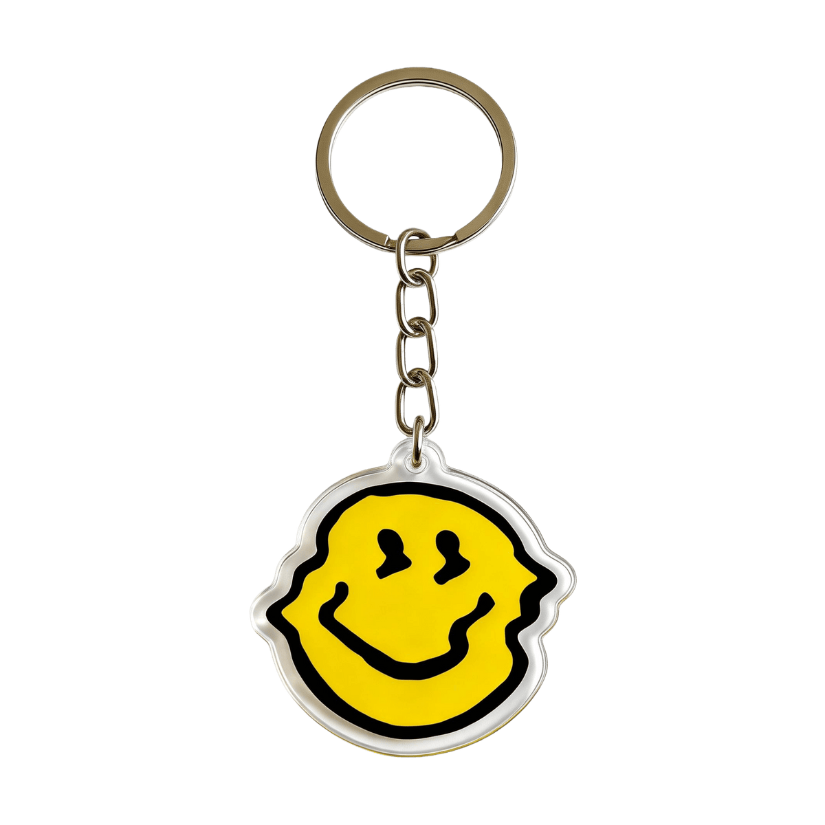 Yellow smiley face charm keychain on a split ring clip with chain on a white background