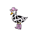 A goose enamel pin wearing pink boots and a pink cowboy hat on a white background