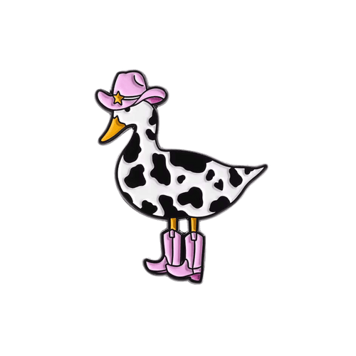 A goose enamel pin wearing pink boots and a pink cowboy hat on a white background